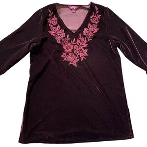 April Cornell Boho Velvet Tunic Dress Embroidered Floral V-Neck Whimsigoth